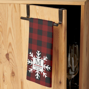Rustic Buffalo Checks Snowflake Monogram Name Year Tea Towel
