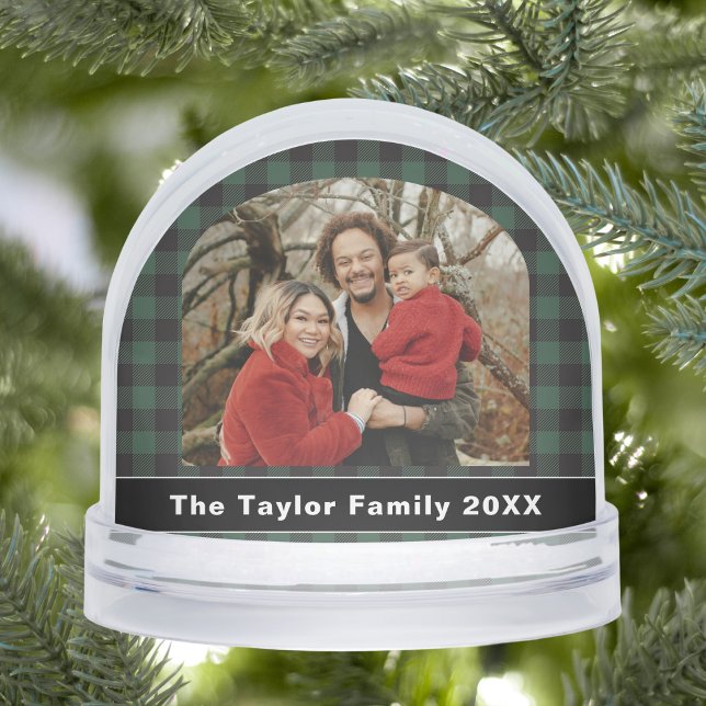 Rustic Buffalo Green and Black Plaid Family Photo Snowglobe (Rustic Buffalo Green and Black Plaid Family Photo Snow Globe)