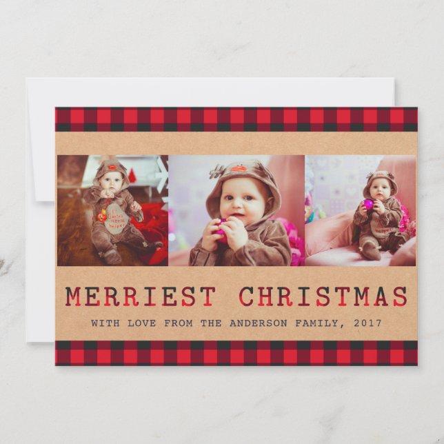 Rustic Buffalo Plaid | 3 Photo Christmas Greeting Holiday Card (Front)