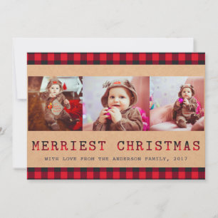 Rustic Buffalo Plaid   3 Photo Christmas Greeting Holiday Card
