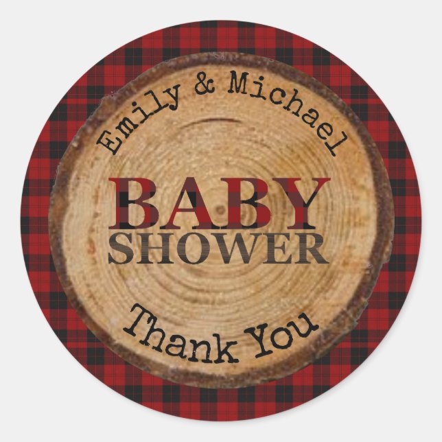 Rustic Buffalo Plaid Baby Shower Personalised Classic Round Sticker (Front)