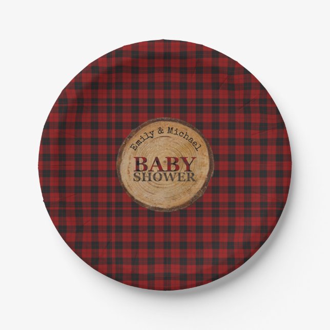 Rustic Buffalo Plaid Baby Shower Personalised Paper Plate (Front)