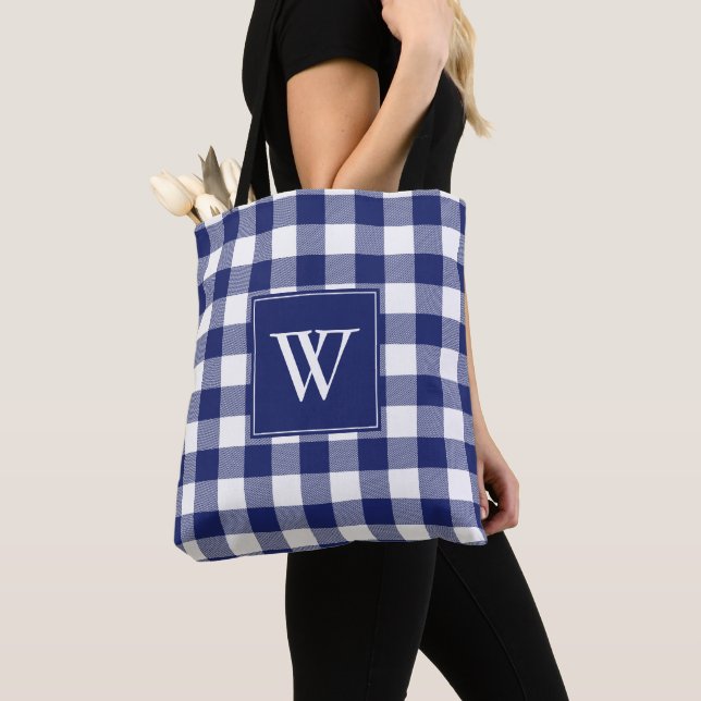 Rustic Buffalo Plaid Blue White Monogram Initial Tote Bag (Close Up)