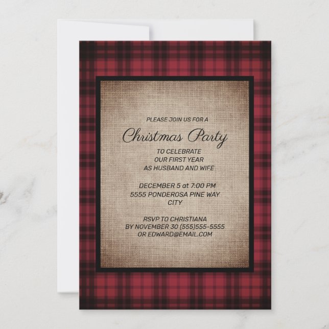 Rustic Buffalo Plaid Burlap Christmas Party Invitation (Front)
