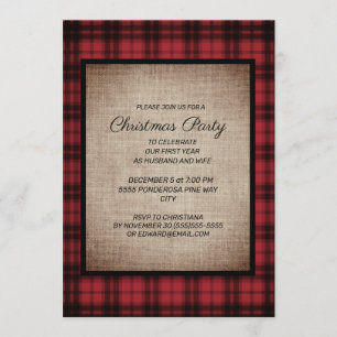 Rustic Buffalo Plaid Burlap Christmas Party Invitation