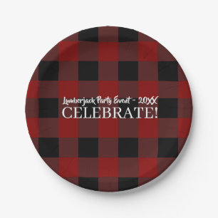 Rustic Buffalo Plaid Celebrate Custom Red & Black Paper Plate