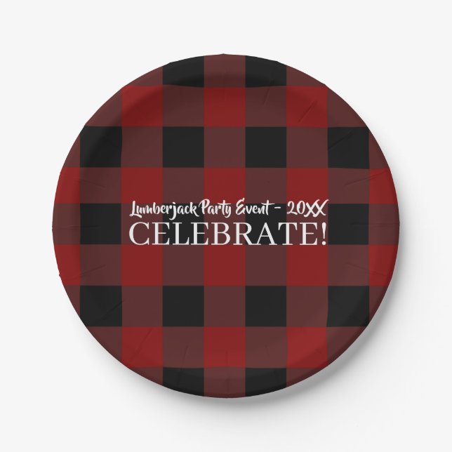 Rustic Buffalo Plaid Celebrate Custom Red & Black Paper Plate (Front)