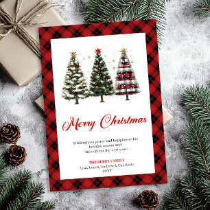 Rustic Buffalo Plaid Christmas Tree Watercolor  Holiday Card