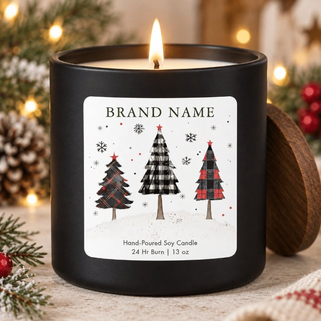 Rustic Buffalo Plaid Christmas Trees Candle Label (Creator Uploaded)