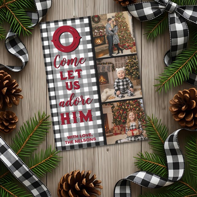 Rustic Buffalo Plaid Come Let Us Adore Him Photo Holiday Card (Creator Uploaded)