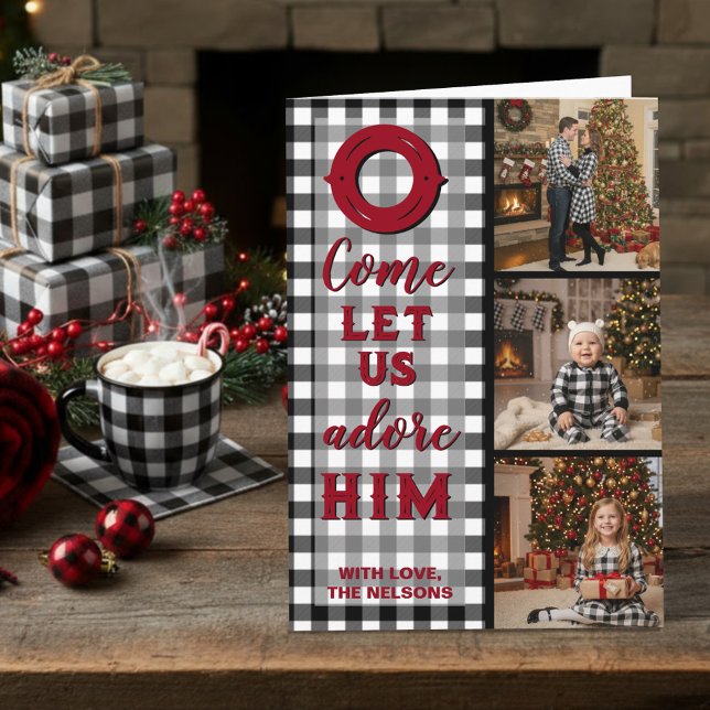 Rustic Buffalo Plaid Come Let Us Adore Him Photo Holiday Card (Creator Uploaded)
