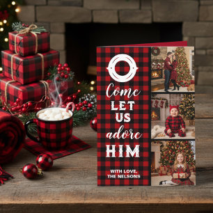 Rustic Buffalo Plaid Come Let Us Adore Him Photo Holiday Card