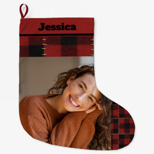 Rustic Buffalo Plaid Custom Name and Photo Large Christmas Stocking