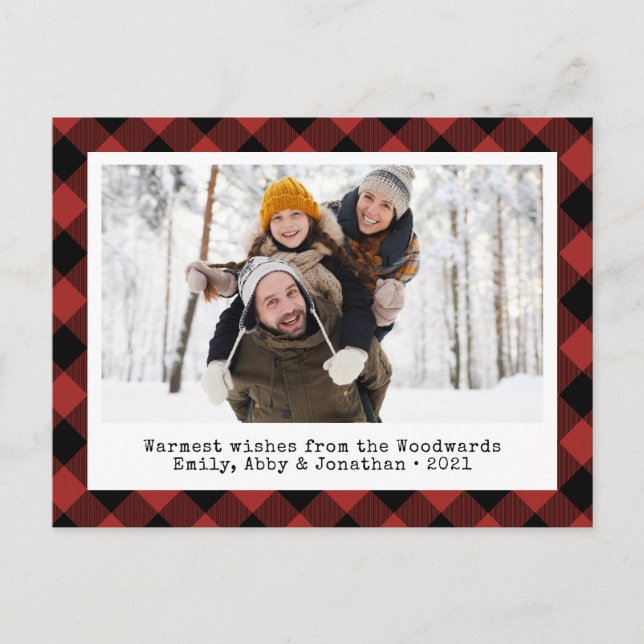 Rustic Buffalo Plaid Custom Photo Red Black Holiday Postcard (Front)