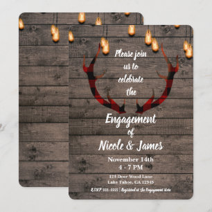 Rustic Buffalo Plaid Deer Antlers Engagement Party Invitation