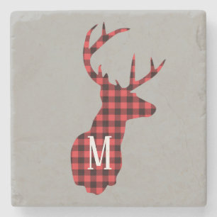 Rustic Buffalo Plaid Deer Monogram Stone Coaster