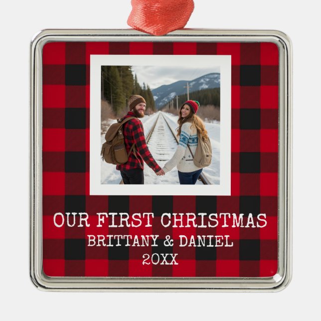 Rustic Buffalo Plaid First Christmas Metal Tree Decoration (Front)