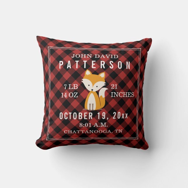Rustic Buffalo Plaid Fox Baby Birth Stats Nursery Cushion (Front)
