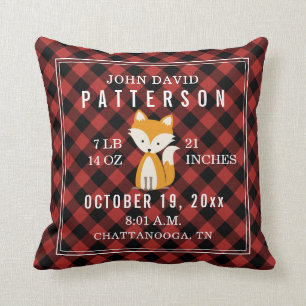 Rustic Buffalo Plaid Fox Baby Birth Stats Nursery Cushion