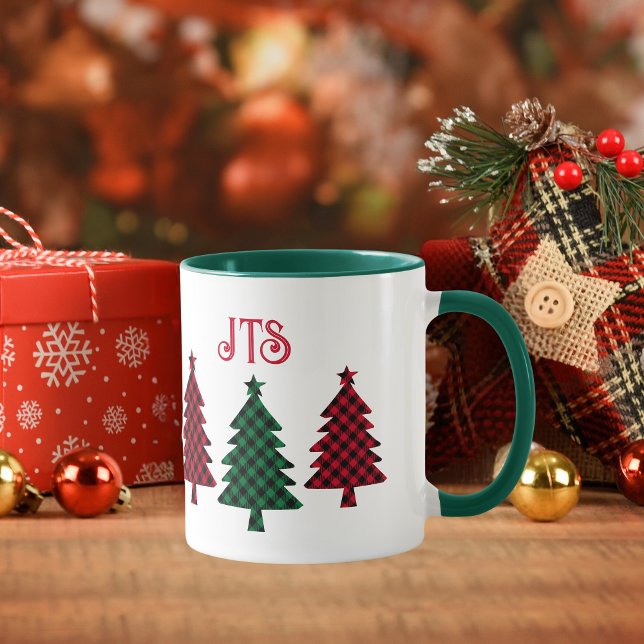 Rustic Buffalo Plaid in Red Green Black Monogram Mug (Creator Uploaded)