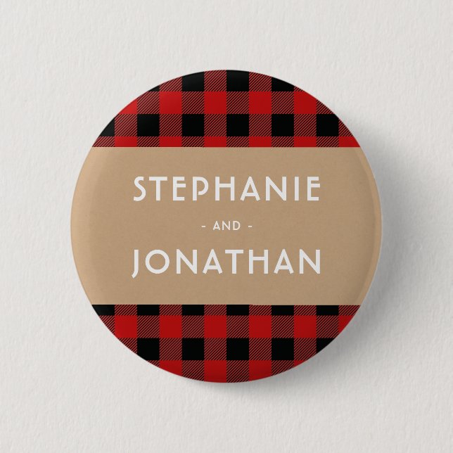 Rustic Buffalo Plaid & Kraft Wedding 6 Cm Round Badge (Front)
