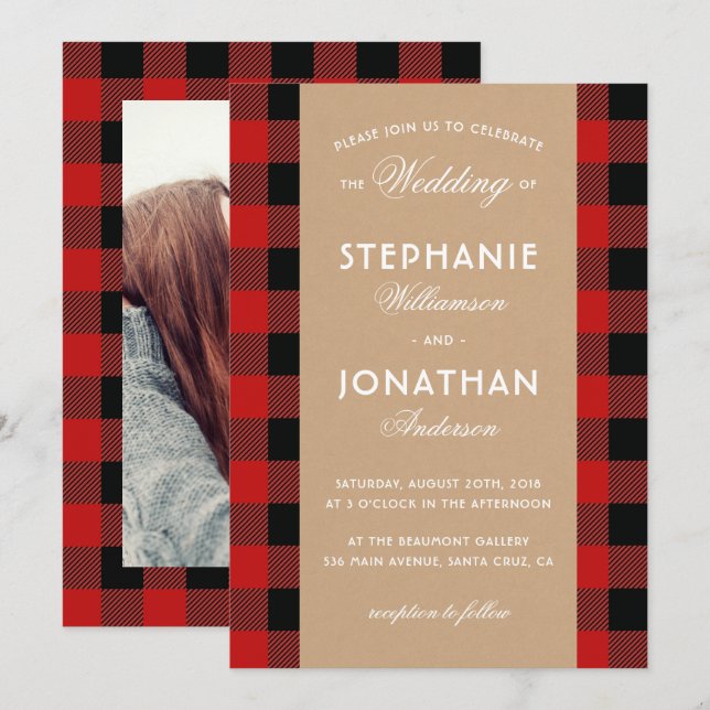 Rustic Buffalo Plaid & Kraft Wedding Invitation (Front/Back)