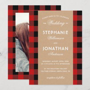 Rustic Buffalo Plaid & Kraft Wedding Invitation