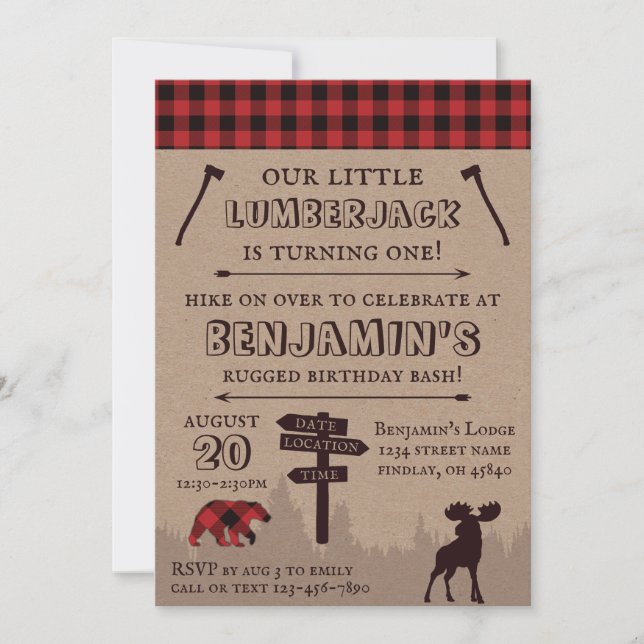 Rustic Buffalo Plaid Lumberjack Birthday Theme Invitation (Front)
