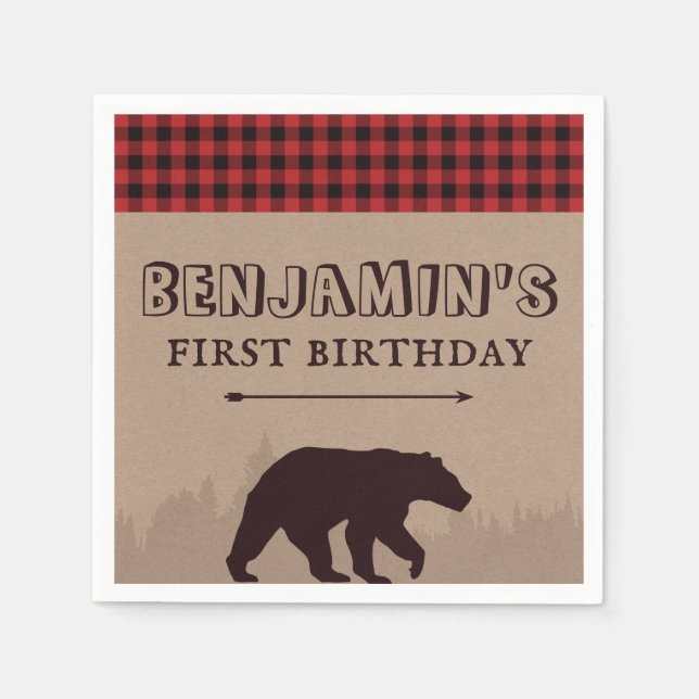 Rustic Buffalo Plaid Lumberjack Birthday Theme Napkin (Front)