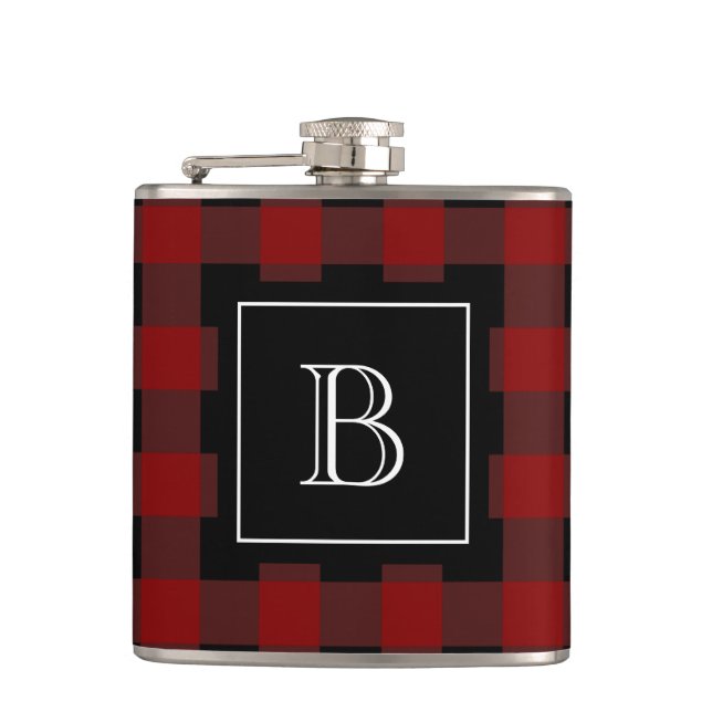 Rustic Buffalo Plaid Lumberjack Monogram Initial Hip Flask (Front)