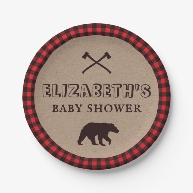 Rustic Buffalo Plaid Lumberjack Theme Baby Shower Paper Plate (Front)