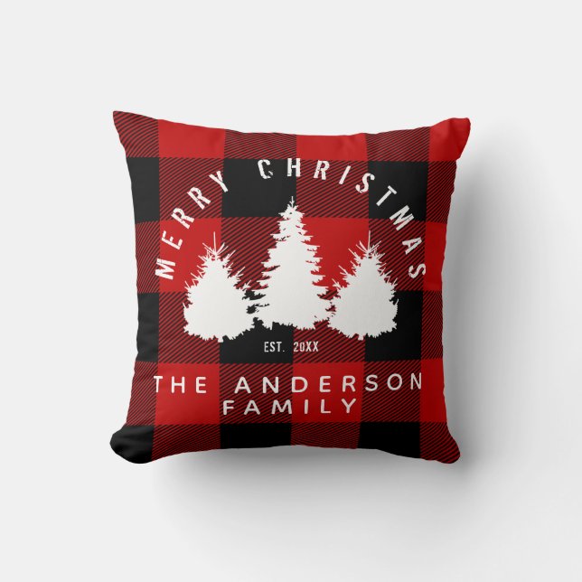 Rustic Buffalo Plaid Merry Christmas Family Name Cushion (Front)
