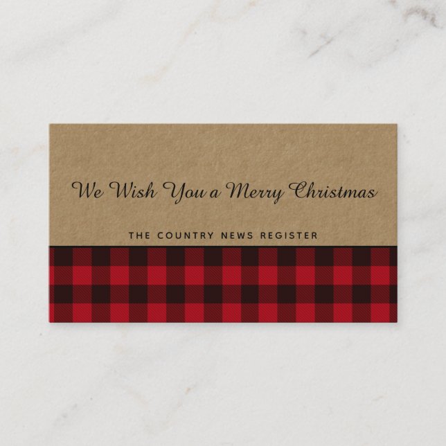 Rustic Buffalo Plaid Merry Christmas Kraft Business Card (Front)