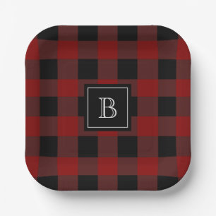 Rustic Buffalo Plaid Modern Monogrammed Red Black  Paper Plate