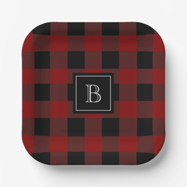 Rustic Buffalo Plaid Modern Monogrammed Red Black  Paper Plate (Front)