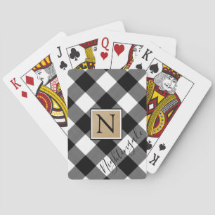 Rustic Buffalo Plaid Monogram Name Black White Playing Cards