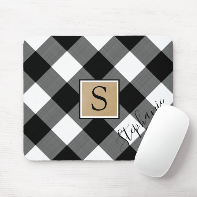 Rustic Buffalo Plaid Monogram Script Name Mouse Mat (With Mouse)