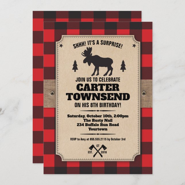 Rustic Buffalo Plaid Moose Kraft Panel Birthday Invitation (Front/Back)