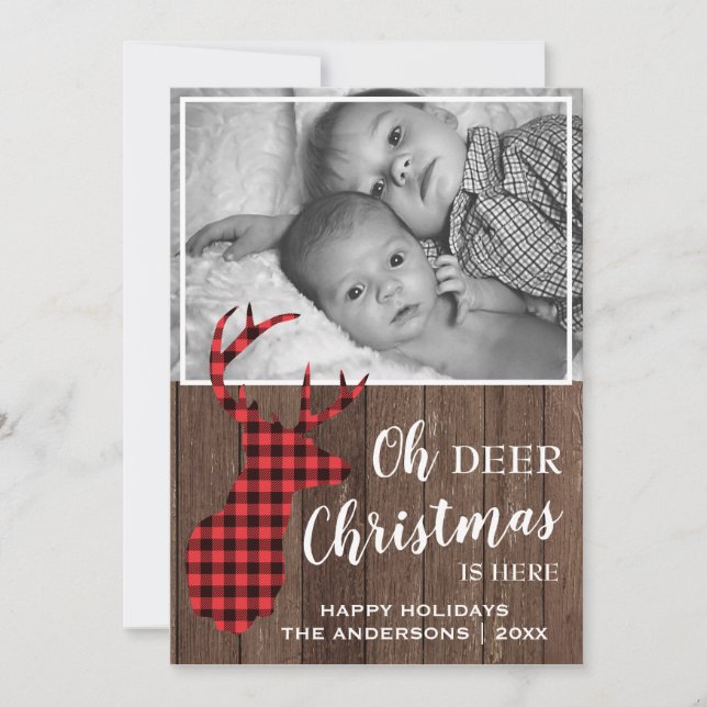 Rustic Buffalo Plaid OH DEER Christmas Photo Holiday Card (Front)