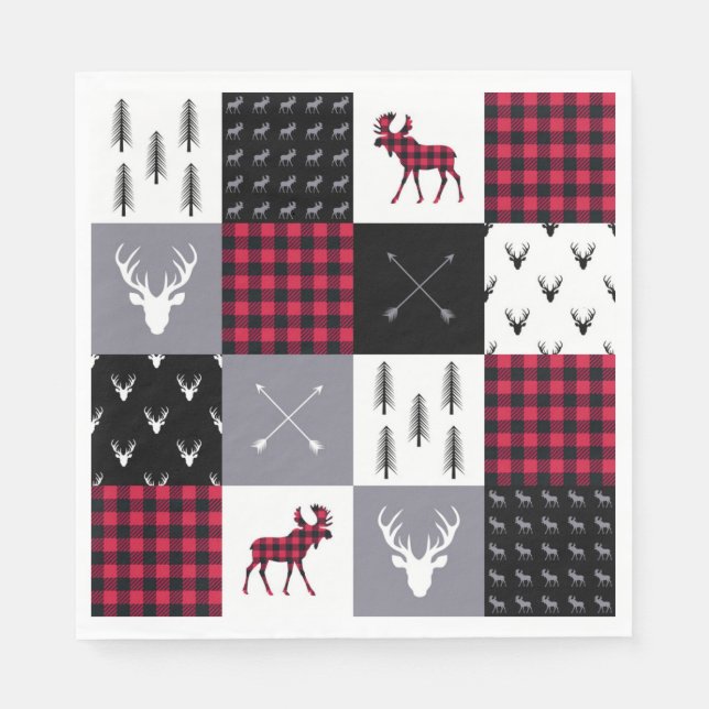 Rustic Buffalo Plaid Patchwork Red White Christmas Napkin (Front)