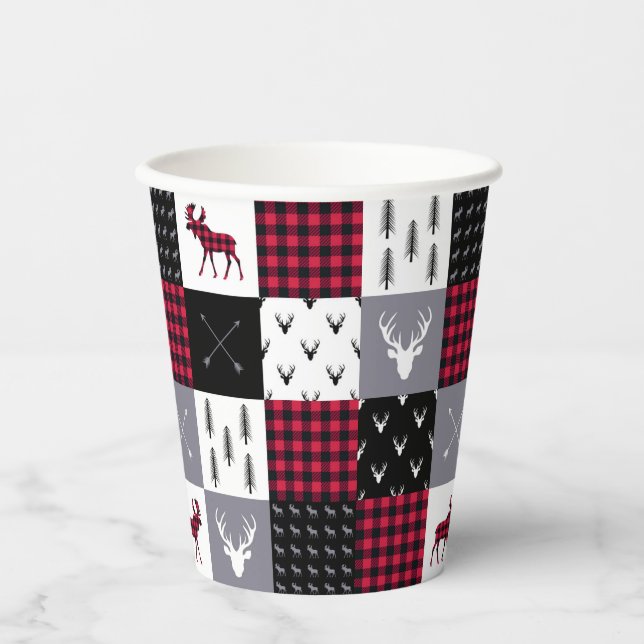 Rustic Buffalo Plaid Patchwork Red White Christmas Paper Cups (Front)