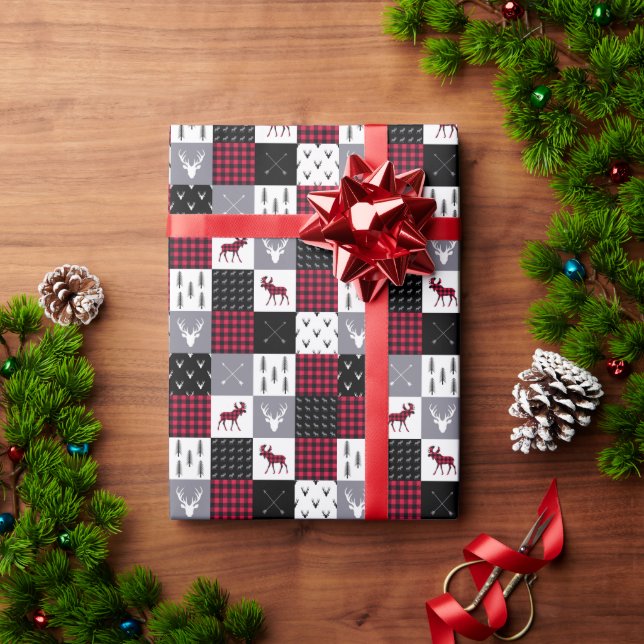 Rustic Buffalo Plaid Patchwork Red White Christmas Wrapping Paper (Holiday Gift)