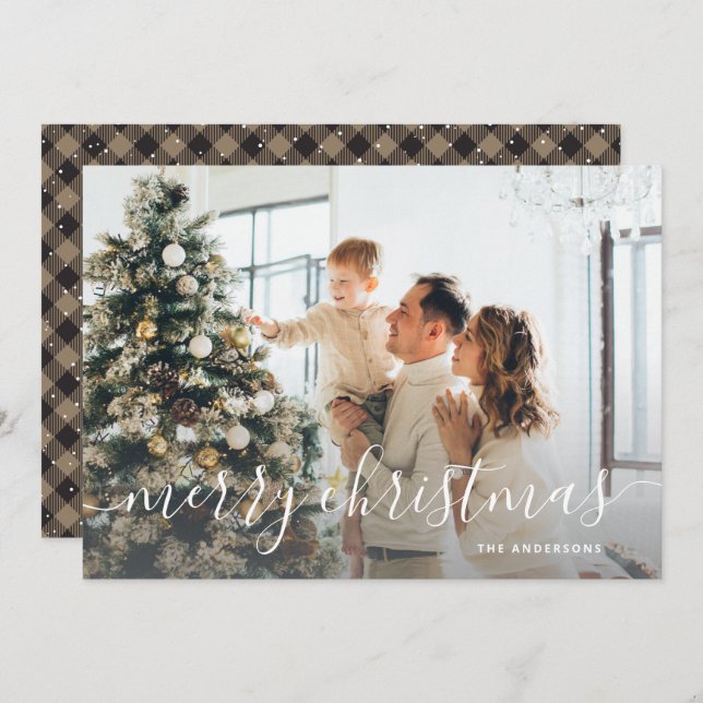 Rustic Buffalo Plaid Photo Merry Christmas Holiday Card (Front/Back)