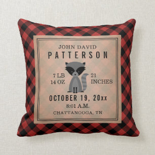 Rustic Buffalo Plaid Raccoon Baby Boy Birth Stats Cushion