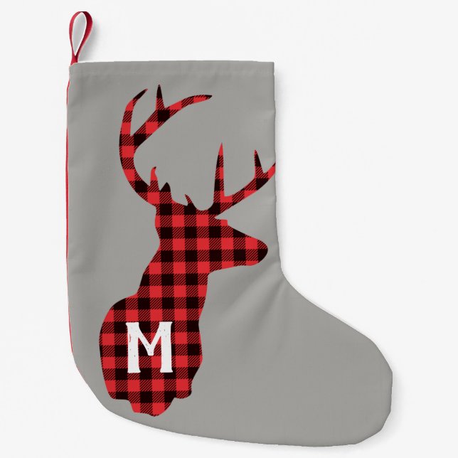 Rustic Buffalo Plaid Red Black Customised Deer Small Christmas Stocking (Front)