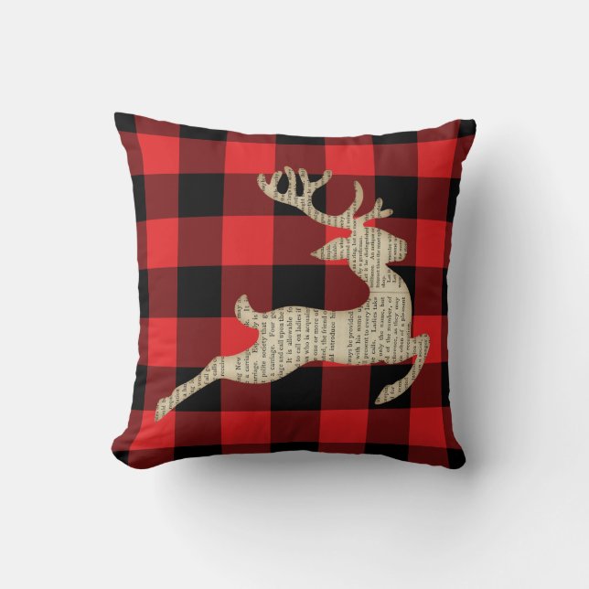 Rustic Buffalo Plaid Reindeer Cushion (Front)