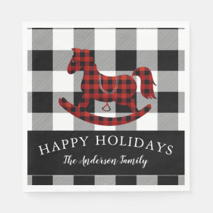 rustic buffalo plaid rocking horse happy holidays napkin