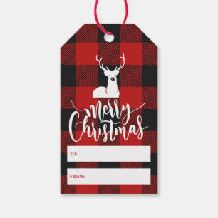 Rustic Buffalo Plaid Script Merry Christmas Gift Tags