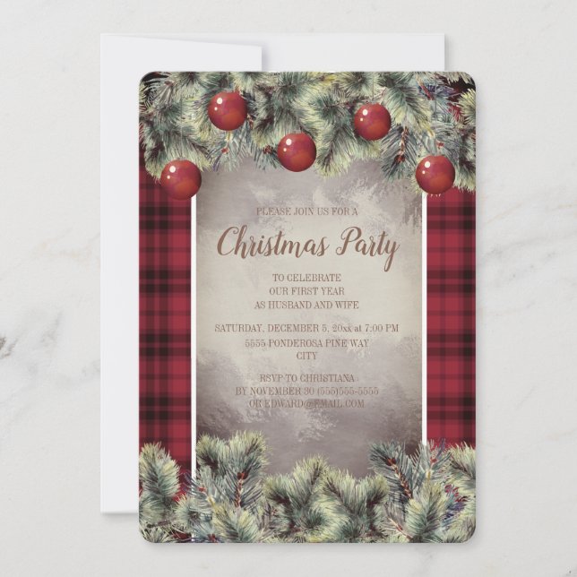 Rustic Buffalo Plaid Silver Grey Christmas Party Invitation (Front)