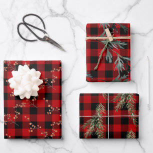 Rustic Buffalo Plaid Spruce Branches Ilex Berries Wrapping Paper Sheet